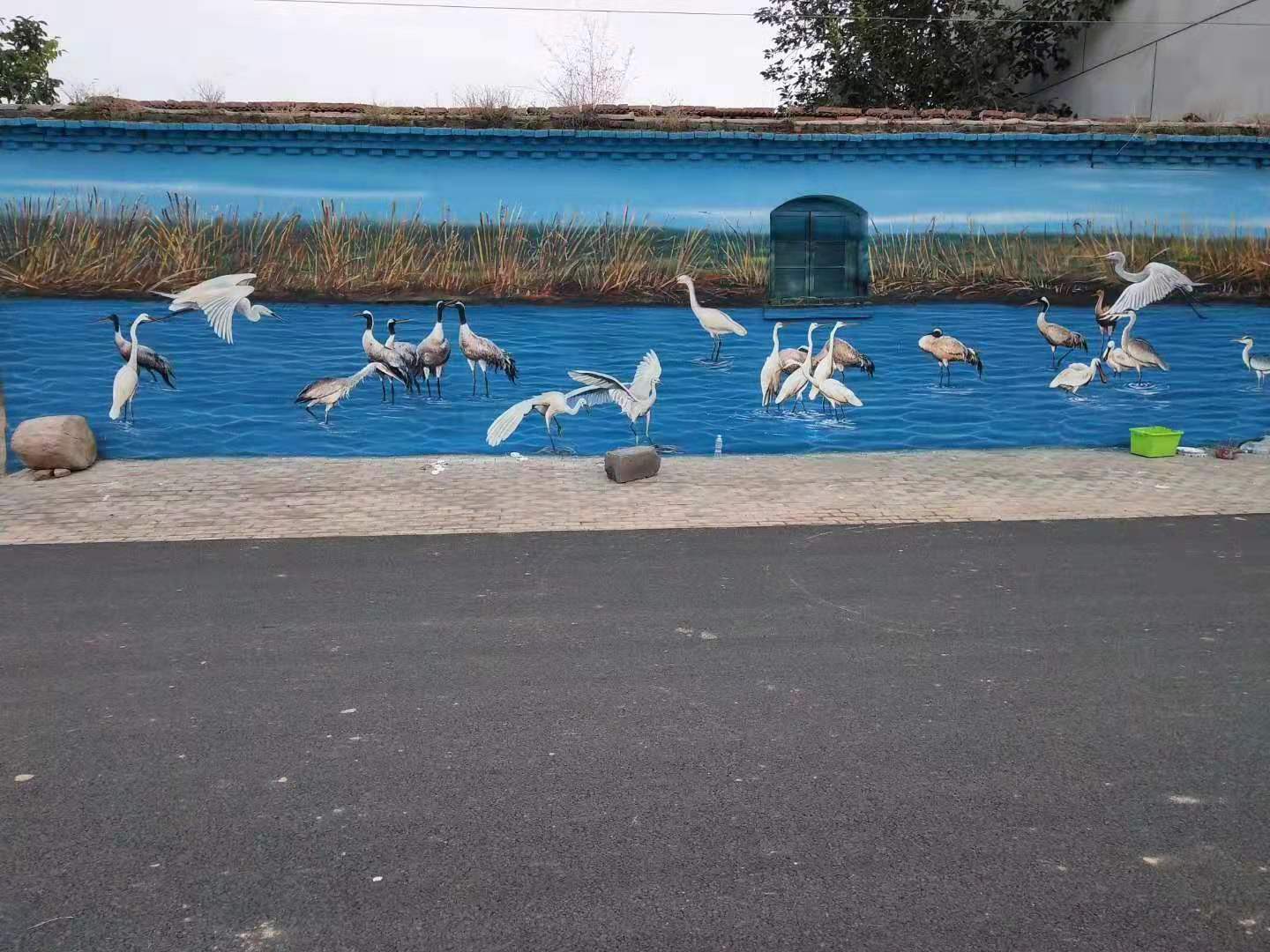 丹顶鹤文化墙彩绘